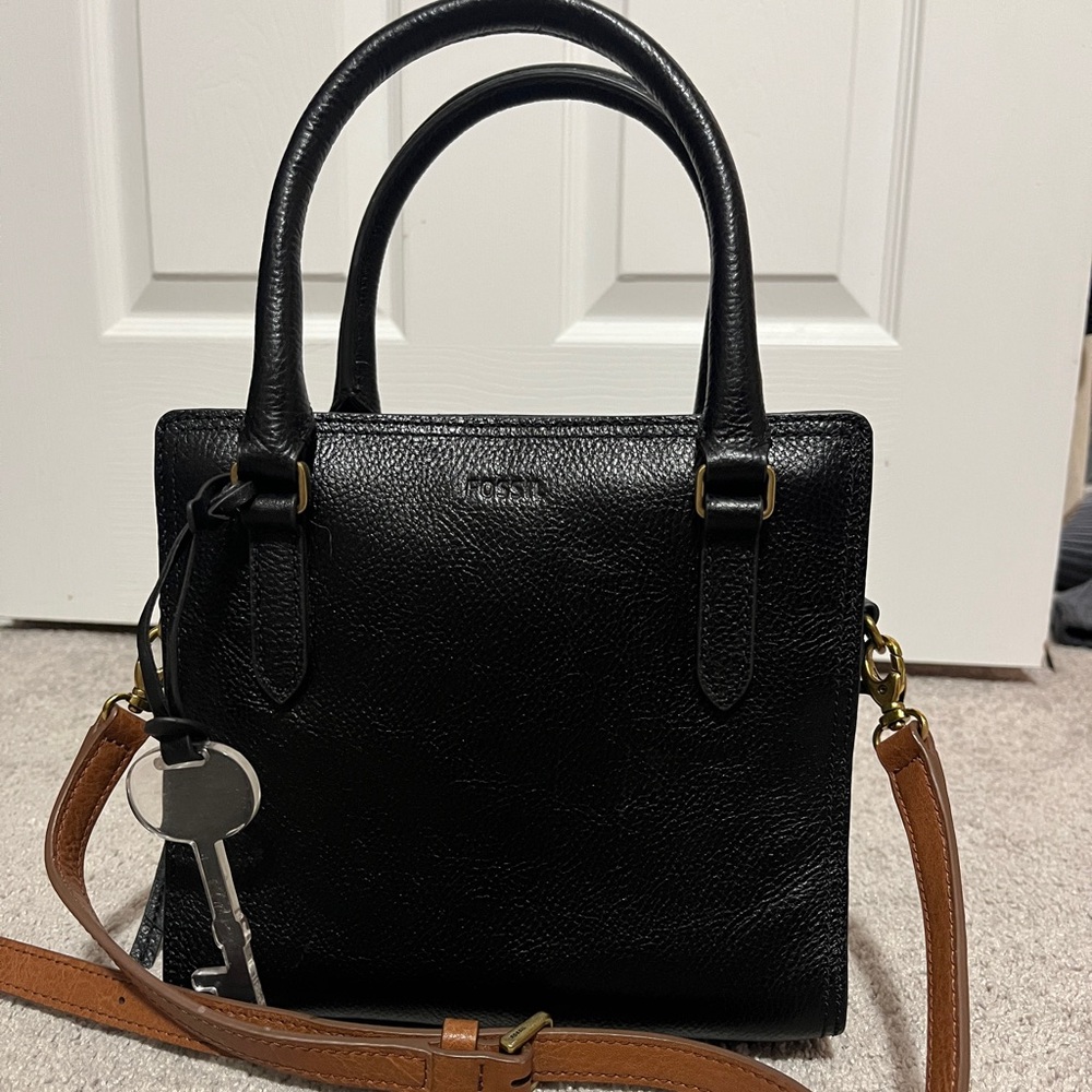 Square Fossil Crossbody Bag - Black Leather - Never Used